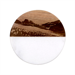 Field Of White Petaled Flowers Nature Landscape Classic Marble Wood Coaster (Round) 