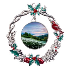 Field Of White Petaled Flowers Nature Landscape Metal X mas Wreath Holly leaf Ornament