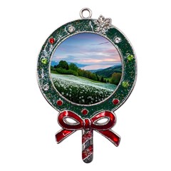 Field Of White Petaled Flowers Nature Landscape Metal X Mas Lollipop with Crystal Ornament