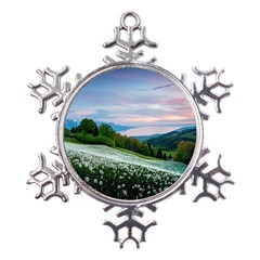 Field Of White Petaled Flowers Nature Landscape Metal Large Snowflake Ornament