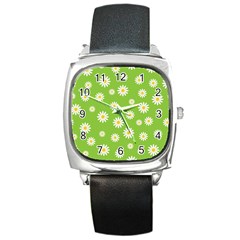 Daisy Flowers Floral Wallpaper Square Metal Watch by Apen