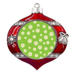 Daisy Flowers Floral Wallpaper Metal Snowflake And Bell Red Ornament by Apen