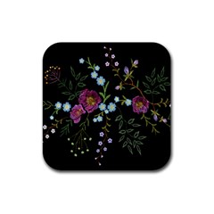 Embroidery Trend Floral Pattern Small Branches Herb Rose Rubber Coaster (square) by Ndabl3x