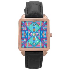 Checkerboard Square Abstract Rose Gold Leather Watch 