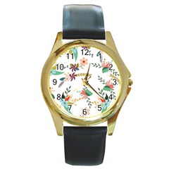 Floral Backdrop Pattern Flower Round Gold Metal Watch by Ravend