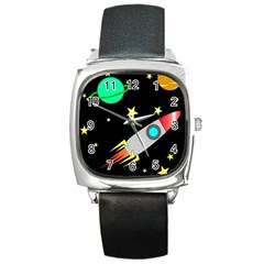 Planet Rocket Space Stars Square Metal Watch