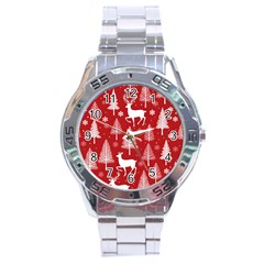 Christmas Tree Deer Pattern Red Stainless Steel Analogue Watch