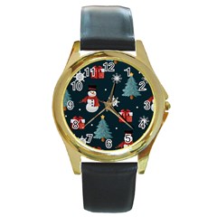 Snowmen Christmas Trees Round Gold Metal Watch