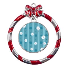 Gardenia Flowers White Blue Metal Red Ribbon Round Ornament