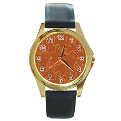 Autumn Leaves Repeat Pattern Round Gold Metal Watch