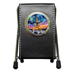 Eiffel Tower Starry Night Print Van Gogh Pen Holder Desk Clock by Modalart