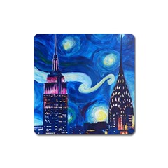 Starry Night In New York Van Gogh Manhattan Chrysler Building And Empire State Building Square Magnet by Modalart