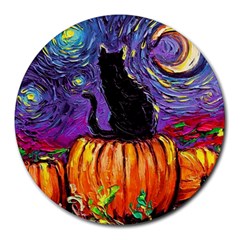 Halloween Art Starry Night Hallows Eve Black Cat Pumpkin Round Mousepad by Modalart