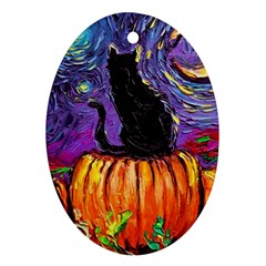 Halloween Art Starry Night Hallows Eve Black Cat Pumpkin Oval Ornament (two Sides) by Modalart