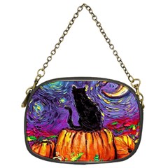 Halloween Art Starry Night Hallows Eve Black Cat Pumpkin Chain Purse (two Sides) by Modalart