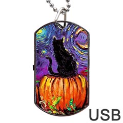 Halloween Art Starry Night Hallows Eve Black Cat Pumpkin Dog Tag Usb Flash (two Sides) by Modalart