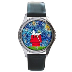 Cartoon Dog Starry Night Van Gogh Parody Round Metal Watch by Modalart