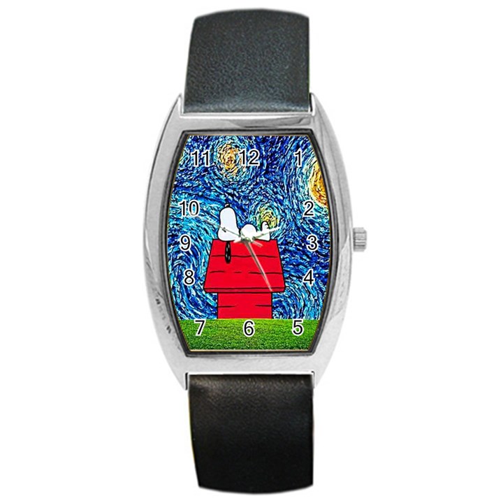 Cartoon Dog Starry Night Van Gogh Parody Barrel Style Metal Watch