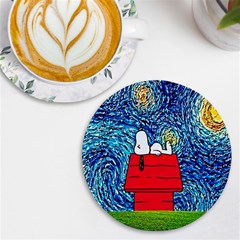 Cartoon Dog Starry Night Van Gogh Parody Uv Print Round Tile Coaster by Modalart