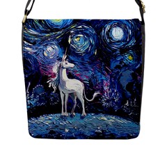 Unicorn Starry Night Print Van Gogh Flap Closure Messenger Bag (l) by Modalart