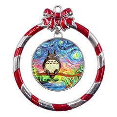 Totoro Starry Night Art Van Gogh Parody Metal Red Ribbon Round Ornament by Modalart