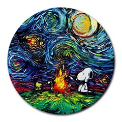 Dog Cartoon Starry Night Print Van Gogh Parody Round Mousepad by Modalart