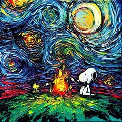 Dog Cartoon Starry Night Print Van Gogh Parody Play Mat (square) by Modalart