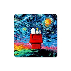 Red House Dog Cartoon Starry Night Square Magnet by Modalart