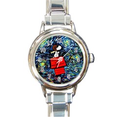 Dog Flying House Cartoon Starry Night Vincent Van Gogh Parody Round Italian Charm Watch by Modalart