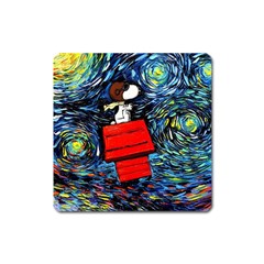 Dog Flying House Cartoon Starry Night Vincent Van Gogh Parody Square Magnet by Modalart