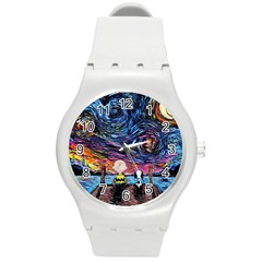 Cartoon Dog Vincent Van Gogh s Starry Night Parody Round Plastic Sport Watch (m) by Modalart