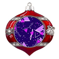 Purple Blue Geometric Pattern Metal Snowflake And Bell Red Ornament by Pakjumat