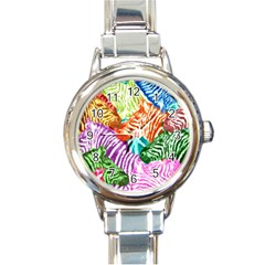 Zebra Colorful Abstract Collage Round Italian Charm Watch by Amaryn4rt