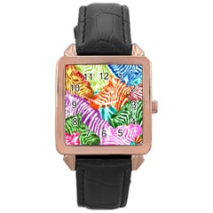 Zebra Colorful Abstract Collage Rose Gold Leather Watch  by Amaryn4rt