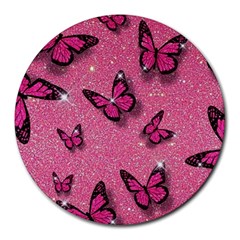 Pink Glitter Butterfly Round Mousepad by Modalart