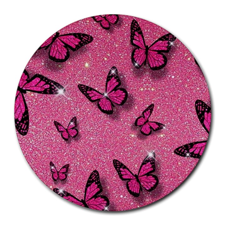 Pink Glitter Butterfly Round Mousepad