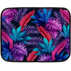 Background With Violet Blue Tropical Leaves Two Sides Fleece Blanket (Mini)