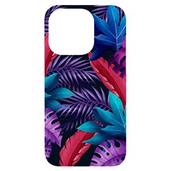 Background With Violet Blue Tropical Leaves Iphone 14 Pro Black Uv Print Case by Bedest