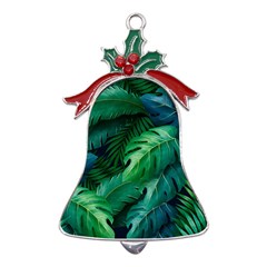 Tropical Green Leaves Background Metal Holly Leaf Bell Ornament by Bedest