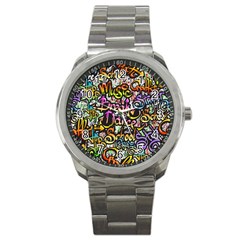 Graffiti Word Seamless Pattern Sport Metal Watch by Bedest