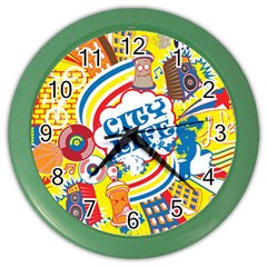 Colorful City Life Horizontal Seamless Pattern Urban City Color Wall Clock