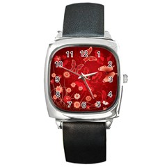 Four Red Butterflies With Flower Illustration Butterfly Flowers Square Metal Watch by Pakjumat