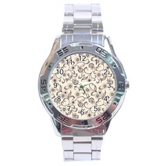 White And Brown Floral Wallpaper Flowers Background Pattern Stainless Steel Analogue Watch