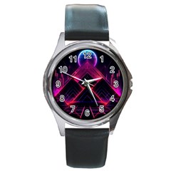 Synthwave City Retrowave Wave Round Metal Watch by Pakjumat