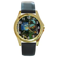Four Assorted Illustrations Collage Winter Autumn Summer Picture Round Gold Metal Watch