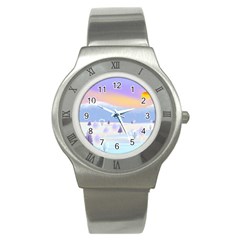 Vector Winter Landscape Sunset Evening Snow Stainless Steel Watch by Pakjumat