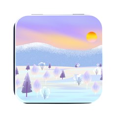 Vector Winter Landscape Sunset Evening Snow Square Metal Box (black) by Pakjumat