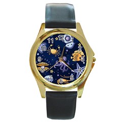 Marine Seamless Pattern Thin Line Memphis Style Round Gold Metal Watch by Pakjumat