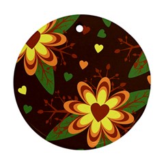 Floral Hearts Brown Green Retro Ornament (round)