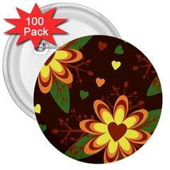 Floral Hearts Brown Green Retro 3  Buttons (100 Pack) 